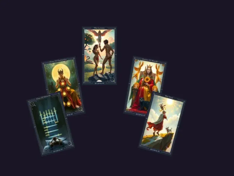 Diagrama del diseño Tirada para la Toma de Decisiones mostrando 5 posiciones de cartas