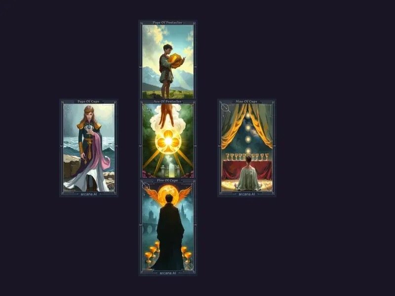 Diagrama del diseño Tirada de Cinco Cartas mostrando 5 posiciones de cartas