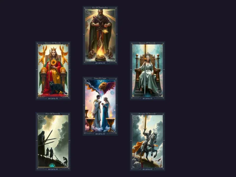 Diagrama del diseño Tirada de la Apertura del Corazón mostrando 6 posiciones de cartas