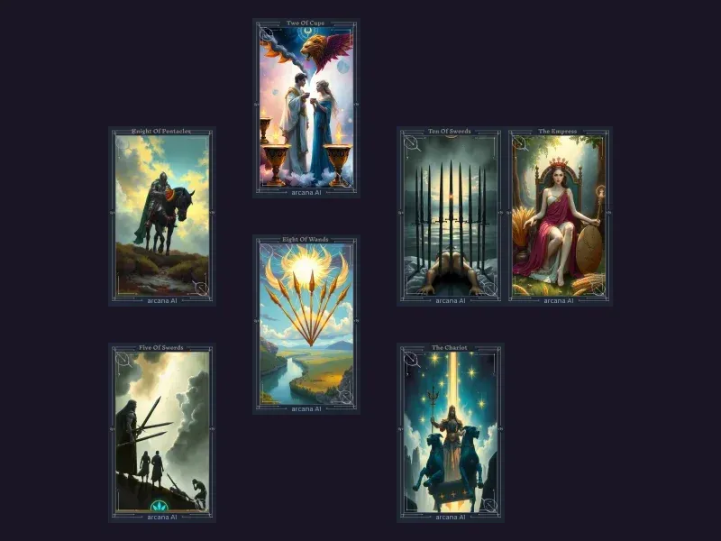 Diagrama del diseño Tirada de los Amantes mostrando 7 posiciones de cartas