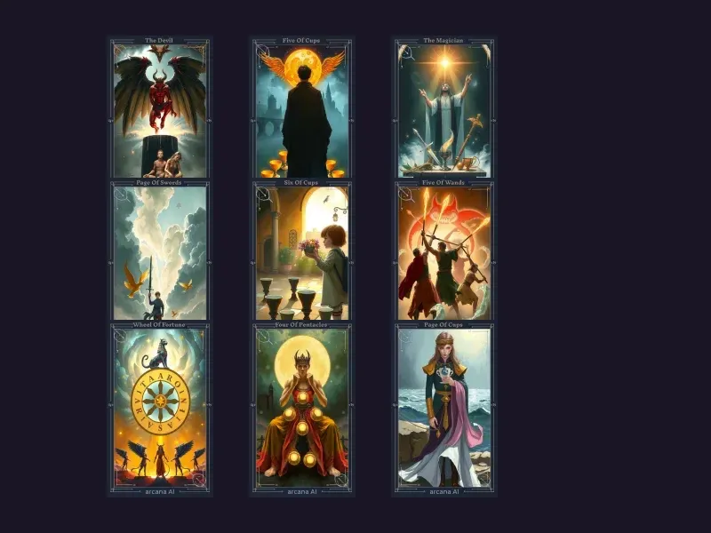 Diagrama del diseño Tirada de Nueve Cartas mostrando 9 posiciones de cartas