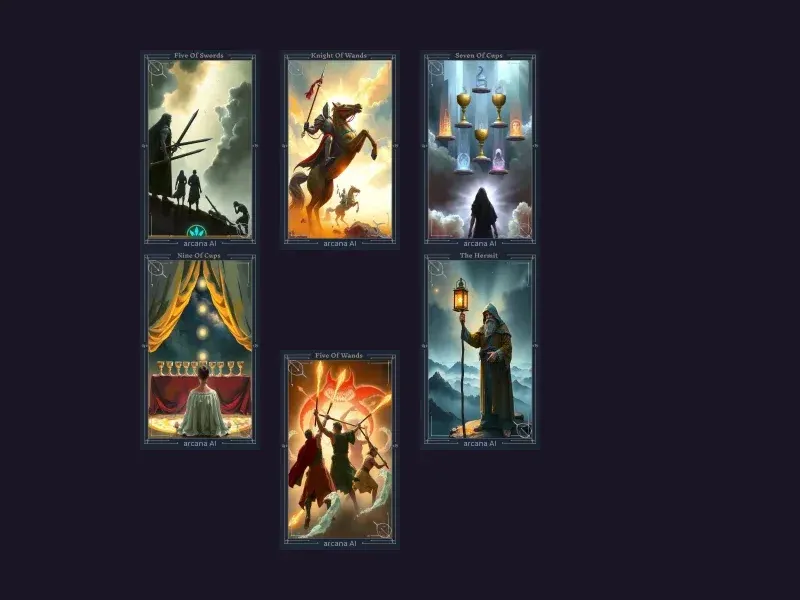 Diagrama del diseño Tirada de Relación mostrando 6 posiciones de cartas