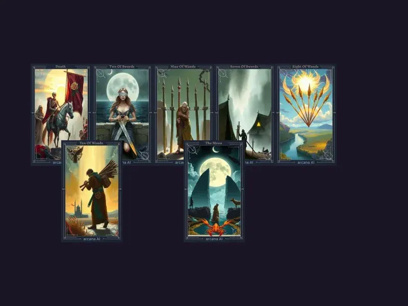 Diagrama del diseño Tirada de Siete Días mostrando 7 posiciones de cartas