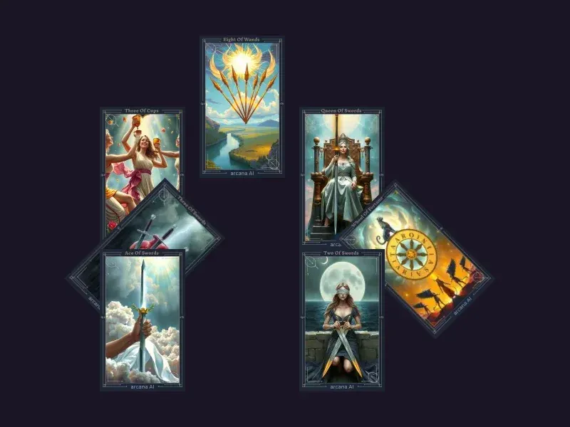 Diagrama del diseño Tirada de la Estrella mostrando 7 posiciones de cartas