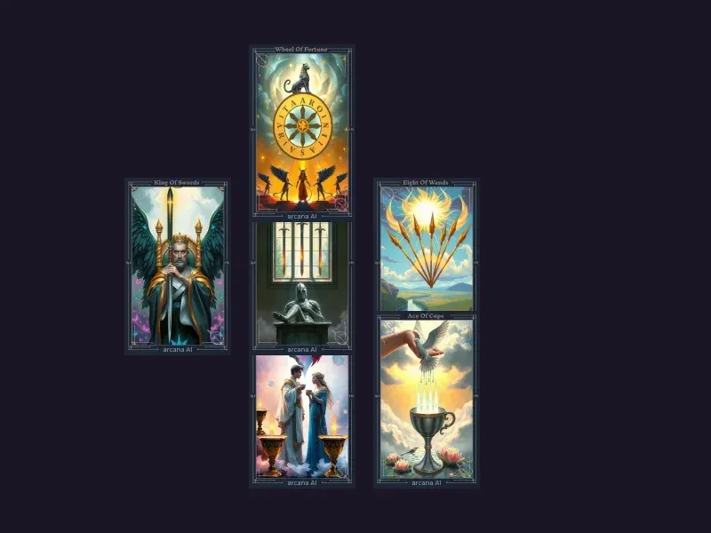 Diagrama del diseño Tirada de la Torre mostrando 6 posiciones de cartas
